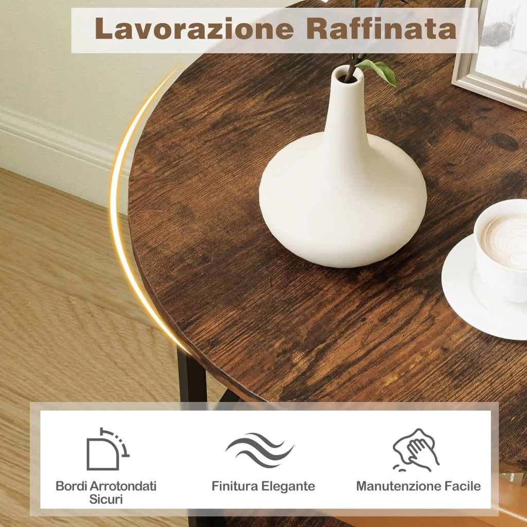 Tavolino Rotondo a 2 Livelli, Tavolino da Divano e Letto con Ripiano Portaoggetti e Telaio in Metallo Resistente, Tavolo Versatile per Soggiorno e Camera da Letto (Marrone)