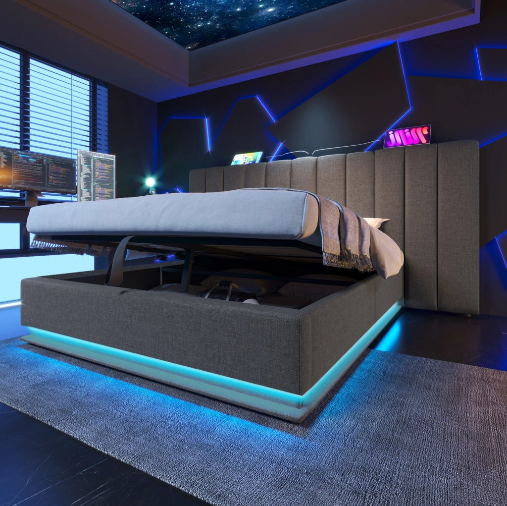 Letto contenitore 160x200 cm con LED 360°; USB e USB-C; lino grigio