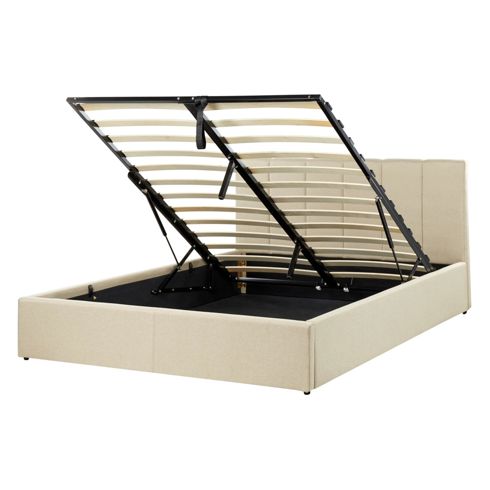 Letto contenitore Rivestimento in tessuto beige 140 x 200 cm con testiera a doghe