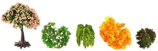 Miniature modelli di alberi 5 pezzi - Resistente al tempo - Precisione botanica - Copertura fogliame asimmetrica - Compatibile con terze parti - Altezza 5,2-7,1 cm - Modelli di alberi