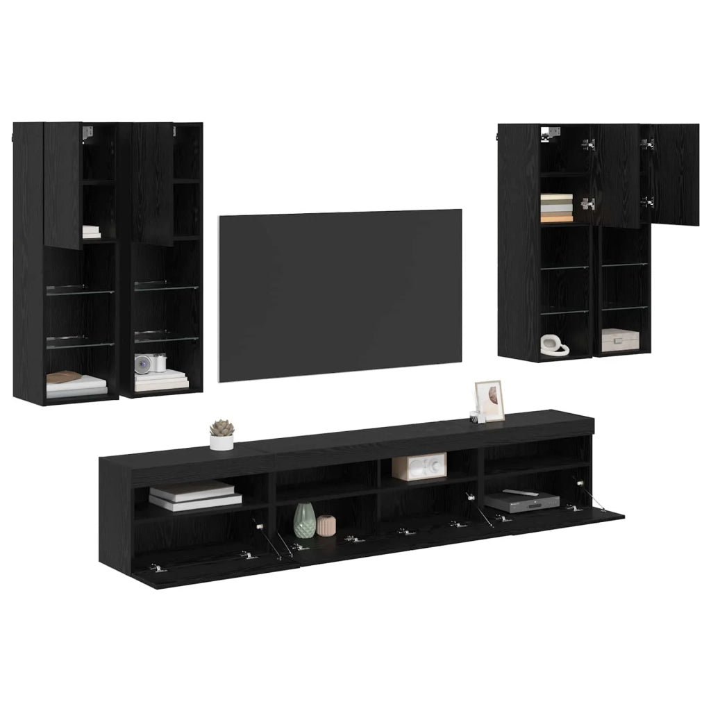 Set Mobile TV a Muro con Luci LED con led 7 pcs Rovere Nero 3402796