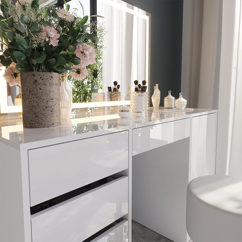 Vicco Tavolo da toeletta Bianco/bianco lucido 128.2 cm con specchio LED e sgabello