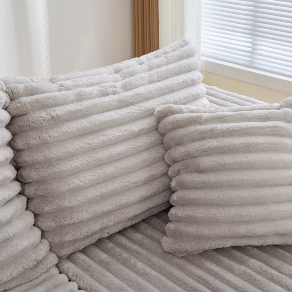 Divano modulare a U con portabicchieri e tasche laterali in cord grigio chiaro