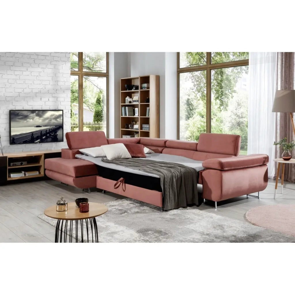 Divano ad angolo convertibile MENTON in velluto rosa – Angolo sinistro con contenitore