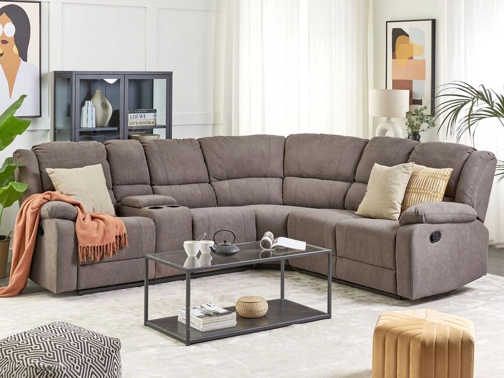 Divano angolare a 5 posti in tessuto grigio con schienale reclinabile manualmente stile moderno tradizionale