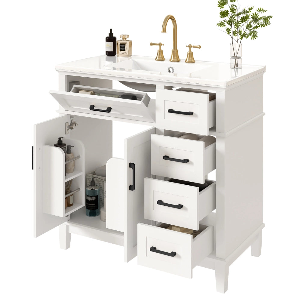 Mobile bagno freestanding 90¡Á46¡Á87 cm, lavabo in ceramica, 4 cassetti, vano ribaltabile, armadio 2 ante, bianco, maniglie nere.