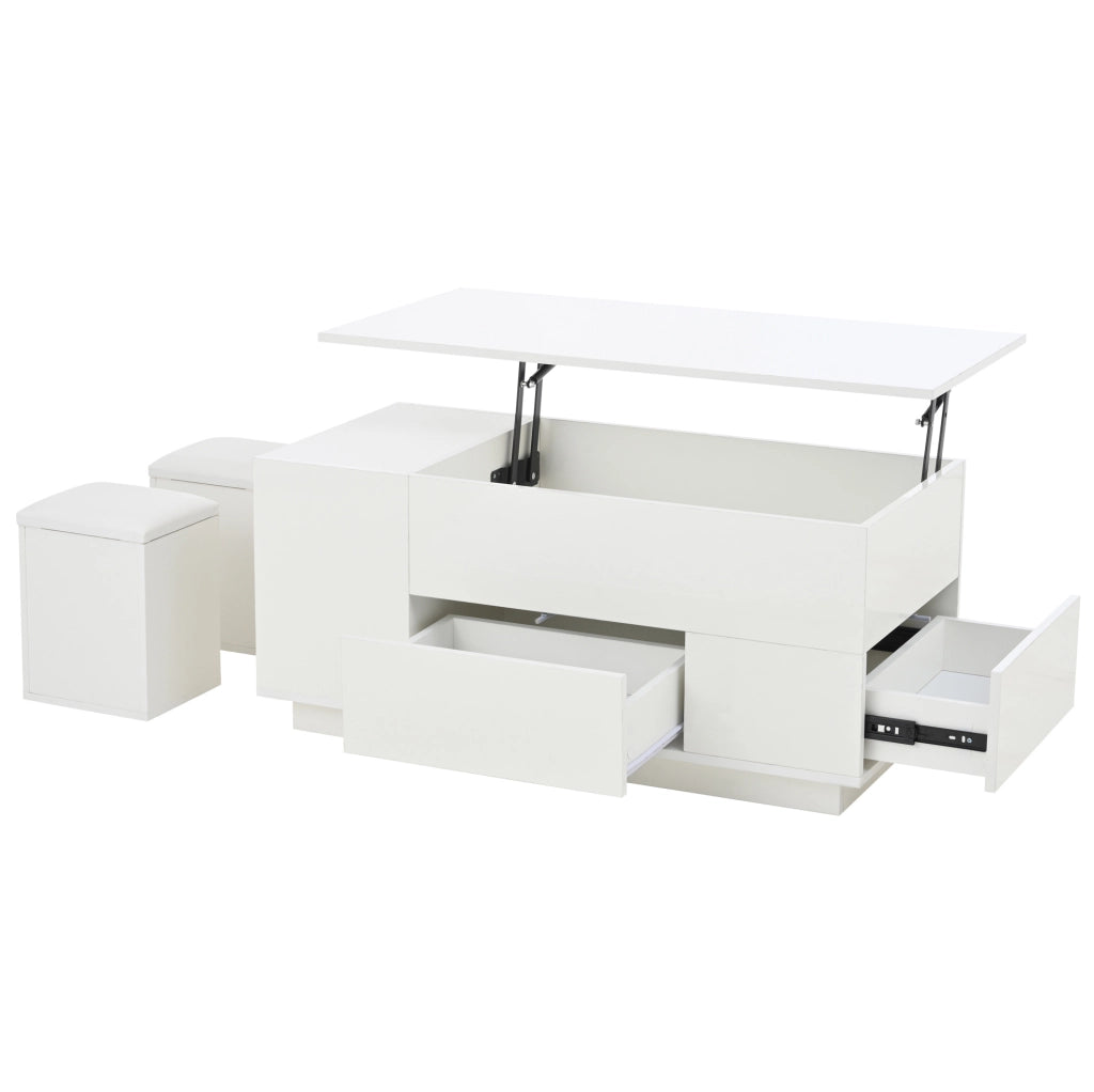 Tavolino da salotto 100x50x45 cm; sollevabile fino a 59 cm con LED e spazio contenitore; truciolato bianco