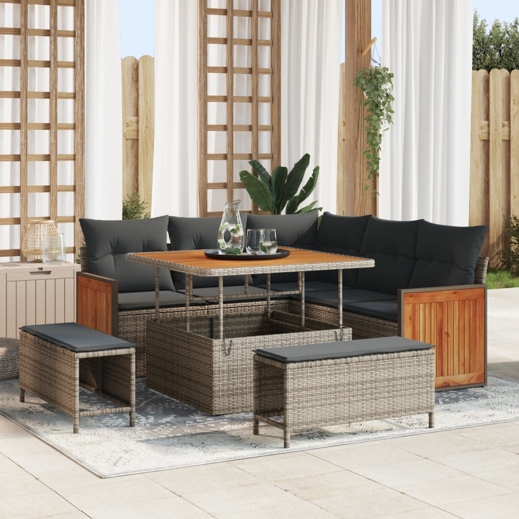 Set divano da giardino 8 pezzi con cuscini Grigio Polyrattan Acacia