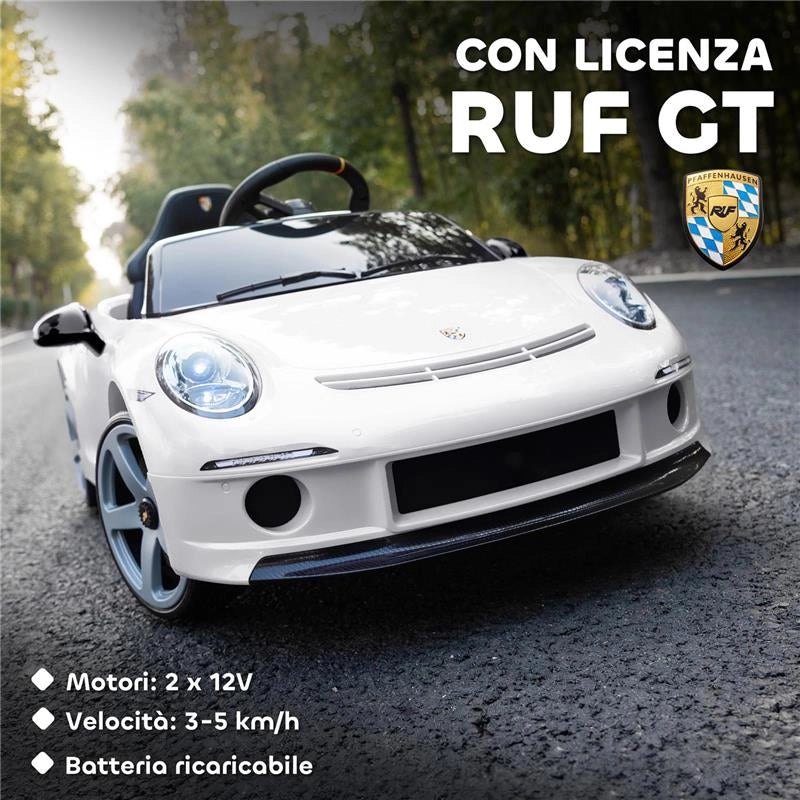 MACCHINA PER BAMBINI 3-5 ANNI CON LICENZA UFFICIALE RUF GT, TELECOMANDO, CINTURA DI SICUREZZA E MUSICA, BIANCO