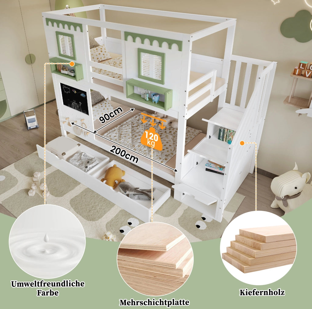 LETTO A CASTELLO 90x200 cm Bianco/Verde in legno e MDF