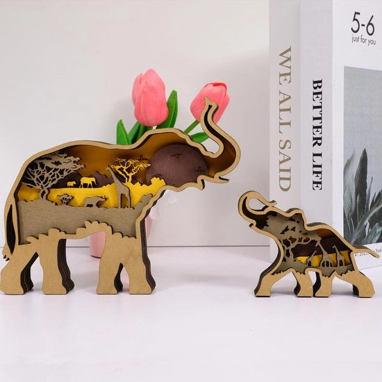 Decorazione 3D di animali in legno, sculture ornamentali in legno sintetico, bos d'animali in legno, graviatura, piatto di legno per decorare, scultura per hobby, decorazione per ufficio, desktop, casa, festa di Natale e Capodanno. (Olifante)