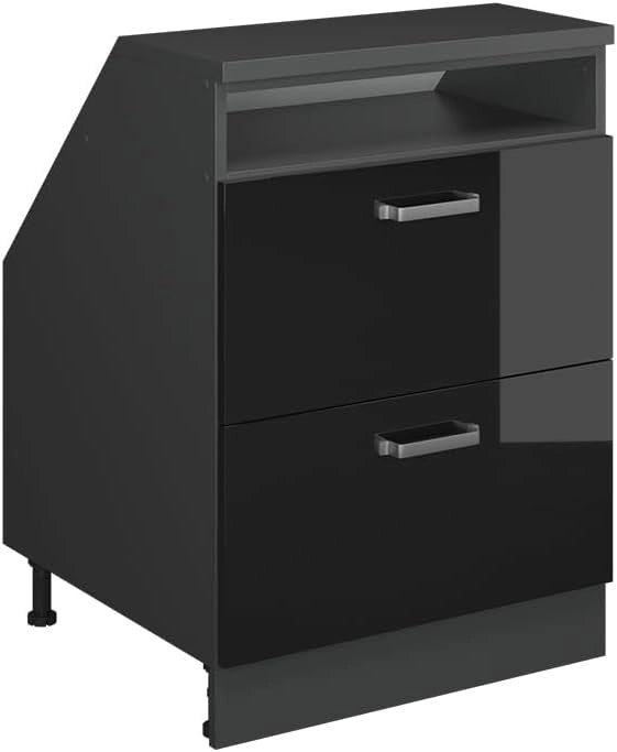 Mobile sottotetto Rion, Nero lucido, 60 x 81.6 cm con 2 cassetti, carcassa 60 cm profondità, adatto per il salvaspazio sotto tetti spioventi