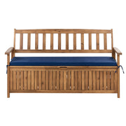 Panca da esterno con contenitore in legno massello di acacia, con cuscino in tessuto blu da 160 cm elegane stile classico