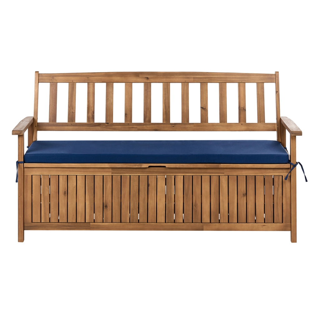 Panca da esterno con contenitore in legno massello di acacia, con cuscino in tessuto blu da 160 cm elegane stile classico