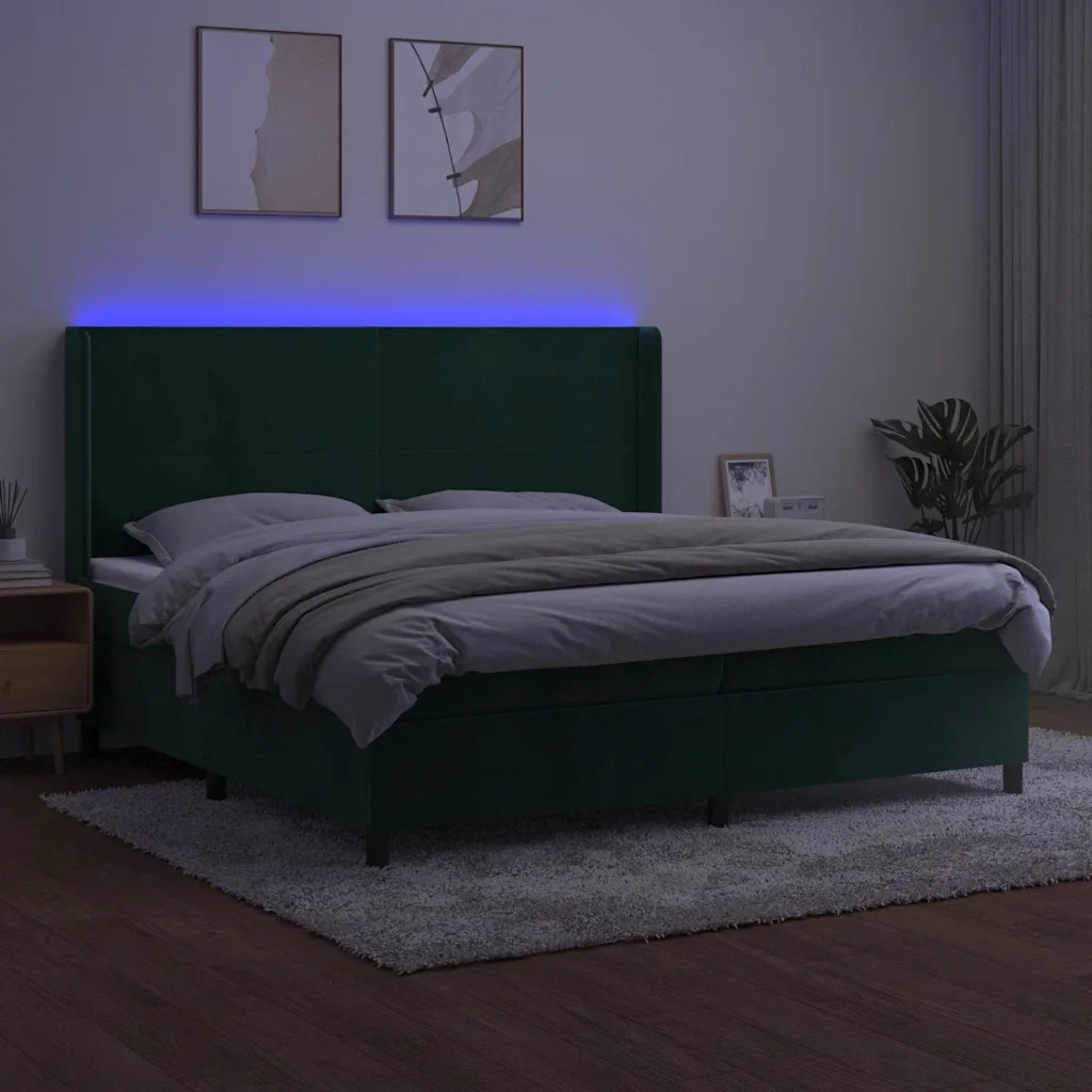 Letto a Molle con Materasso e LED Verde Scuro 200x200cm Velluto 3139466