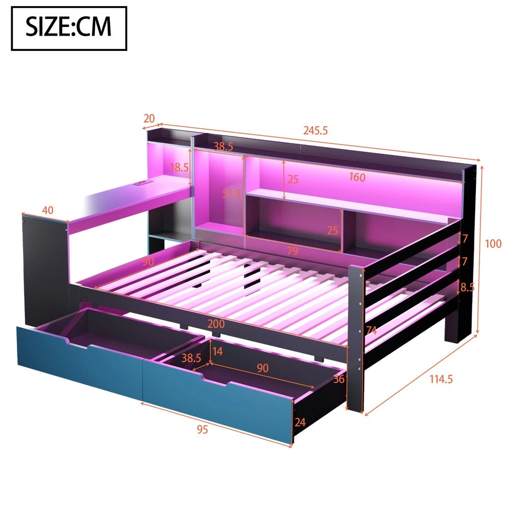 Letto multifunzionale con scrivania e libreria - Zephmum- 90x200 cm, illuminazione integrata, prese, nero e blu