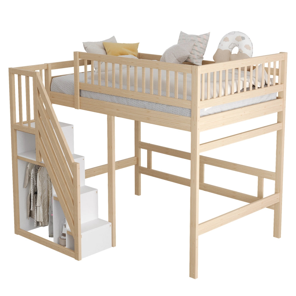 Letto in legno massello naturale con scala e vano contenitore altezza parapetto 140x200 cm