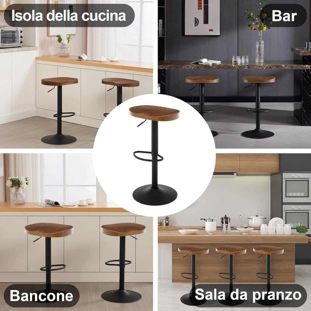Sgabello da Bar, per Colazione in Legno Massiccio, Sgabello Cucina, Regolabile in Altezza, Sgabello Girevole a 360° con Poggiapiedi, Marrone, BH413br-1
