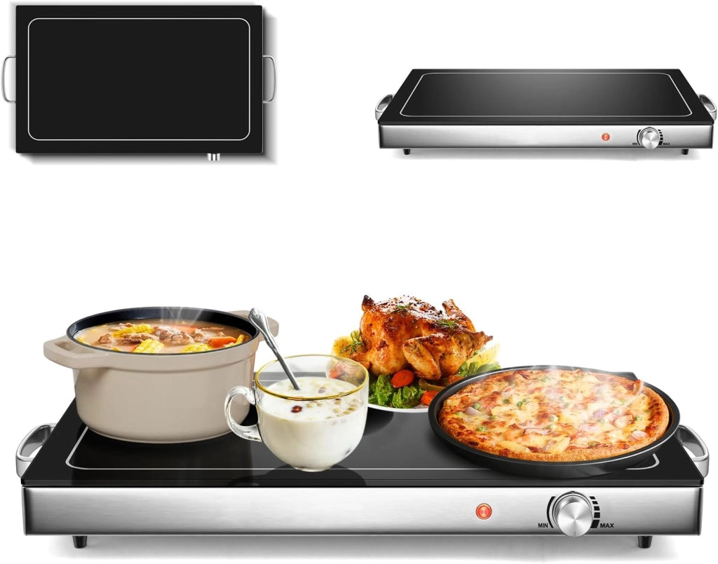 Vassoio Scaldavivande Elettrico 300 W, Scalda Vivande Temperatura Regolabile 50-120℃, Vassoio 56 X 36 CM, con Maniglia Cool-Touch, Superficie in Vetro Temperato, per Famiglia, Feste, Picnic