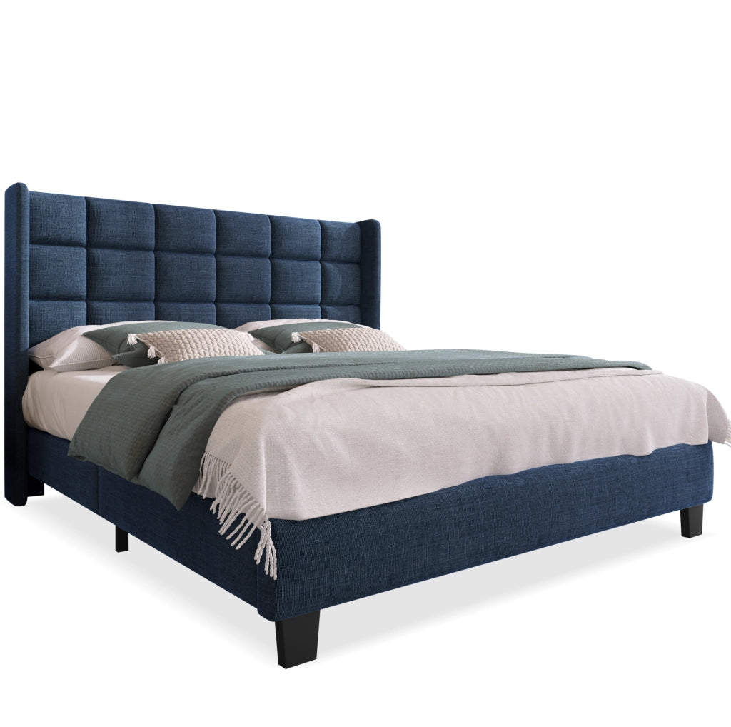 Letto imbottito con rete a doghe 140x200 cm in lino blu