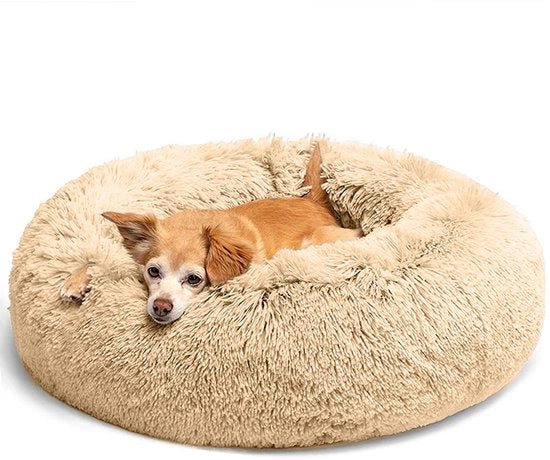 Honden letto Fluffy, cuscino per cani Rond letto per animali domestici Donut letto per gatti Lavabile con fondo antiscivolo per cani grandi, medi e piccoli, 50 cm, Kameel