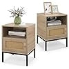 Comodino 40 x 40 x 57cm in Legno e Rattan, Tavolino in Stile Boemia con Ripiano Aperto, Armadietto e Gambe in Metallo, Mobile Moderno per Camera da Letto, Soggiorno e Salotto, Naturale