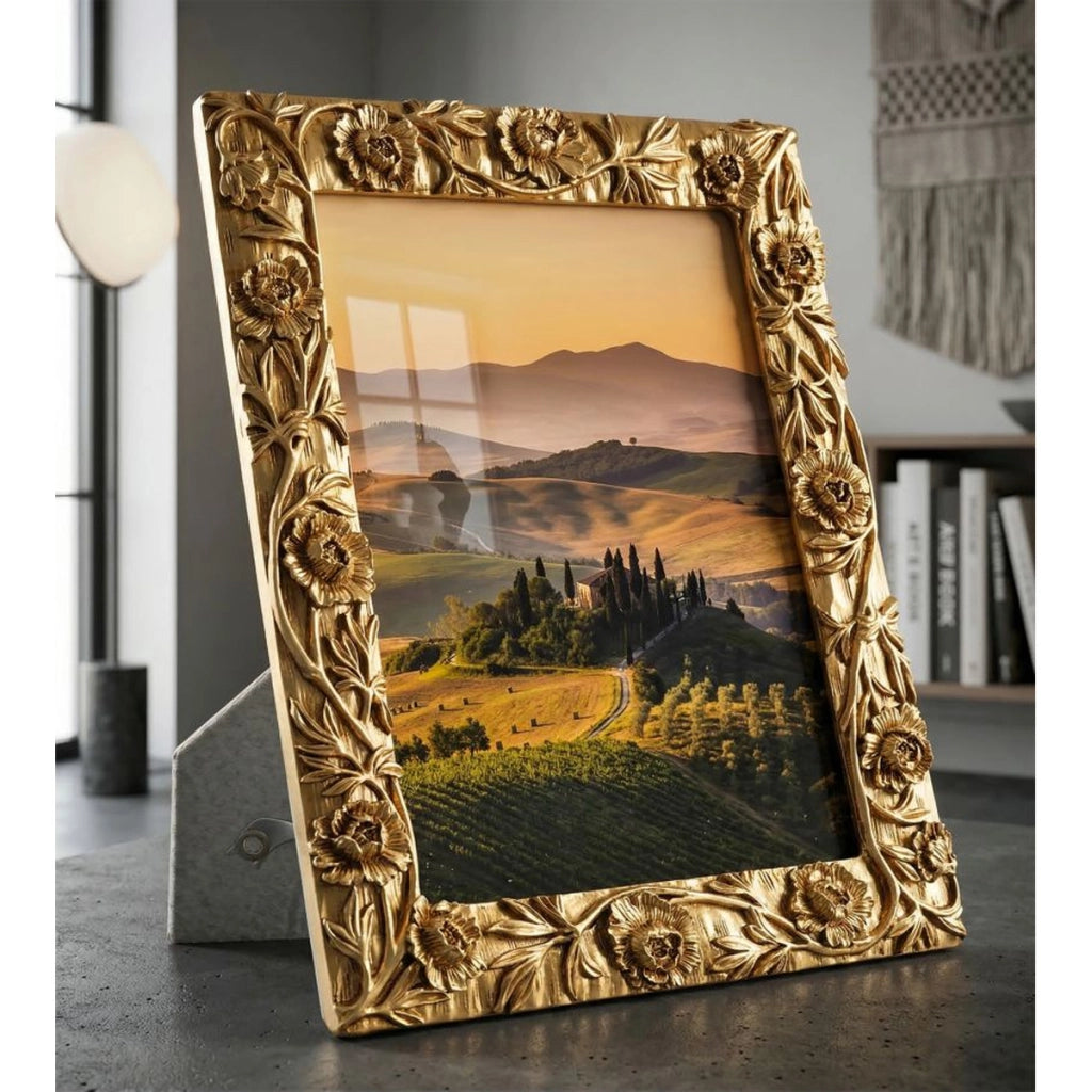 Cornice portafoto Poppy oro con decoro a papaveri 15x20 cm