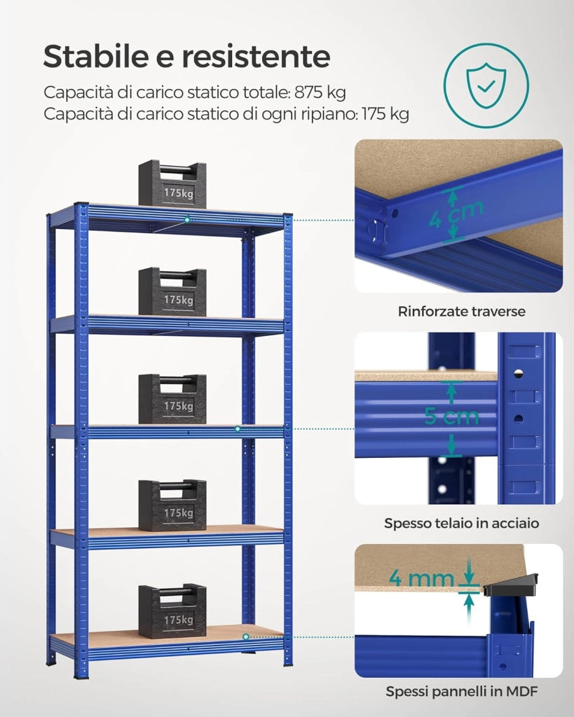 SONGMICS Scaffalatura a 5 Ripiani, Scaffale in Acciaio, Montaggio Rapido, Utensili, Strumenti in Garage, Magazzino, Ripostiglio, Portante 875 kg, 40 x 90 x 180 cm, Blu GLR040Q01