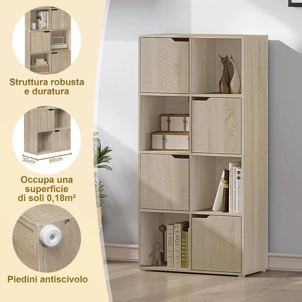 Libreria Autoportante, Porta Libri a 8 Cubi, Libreria con 4 Ante, Scaffale Portaoggetti per Soggiorno, Ufficio, Studio, Camera da Letto, in Legno, Rovere Chiaro, SK039hei