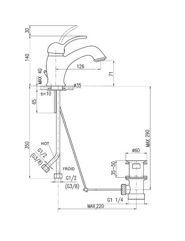 Miscelatore lavabo LABE in ottone cromato con maniglia in ceramica con sifone