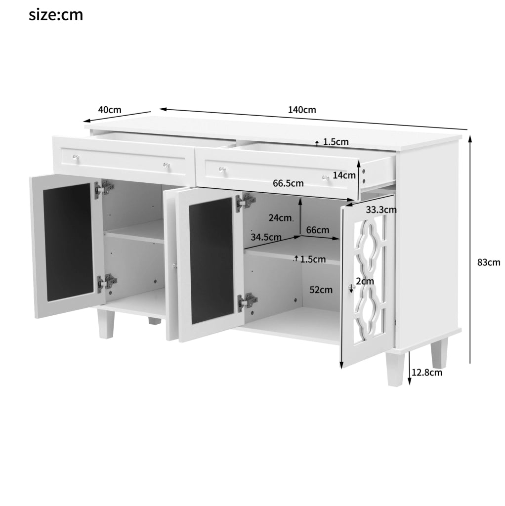 Madia con 4 ante a specchio; 2 cassetti; ripiano regolabile; MDF; bianco
