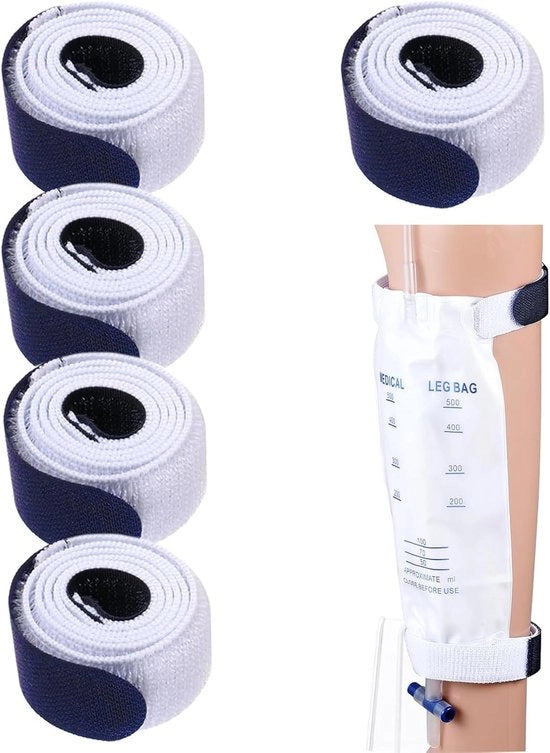 Set di sacchi per catetere - lunghezza totale 66,5 cm - sacchetto urinario bianco - cintura e holder per catetere - dispositivo di stabilizzazione per catetere - holder e tubo per sacchetto urinario - staffe per gamba con cintura - 4 pezzi