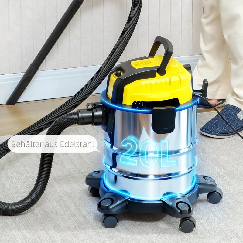 Aspirapolvere per solidi e liquidi, con ruote, sistema di filtraggio a 3 stadi, contenitore della polvere da 20 litri.