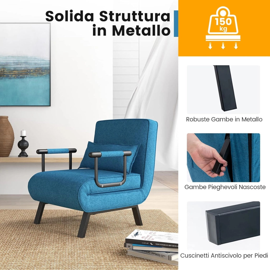 Poltrona Letto, 4 in 1 Poltroncina Pieghevole con Schienale Regolabile in 6 Posizioni, Sedile Imbottito Robusto, Divano Letto Singolo per Casa Ufficio, 79x65x79 cm (Blu)
