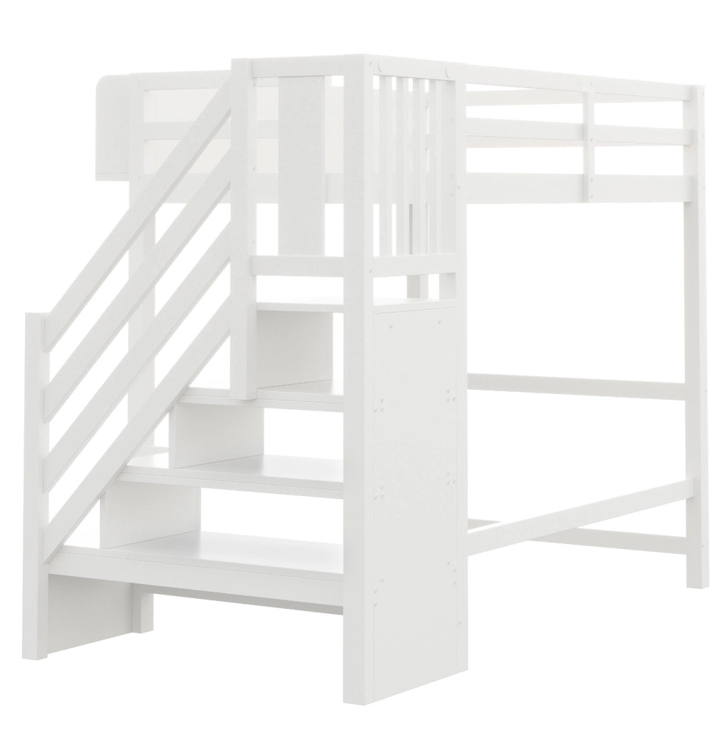 Letto a soppalco 90x200 cm con LED; scaletta e vani portaoggetti in legno bianco