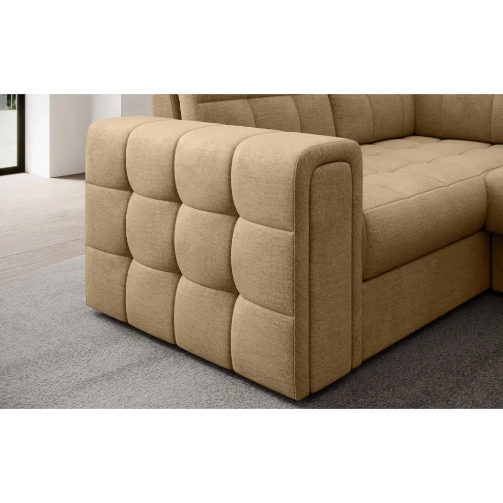 Divano angolare convertibile MONTEZA marrone chiaro 299 cm con contenitore e letto