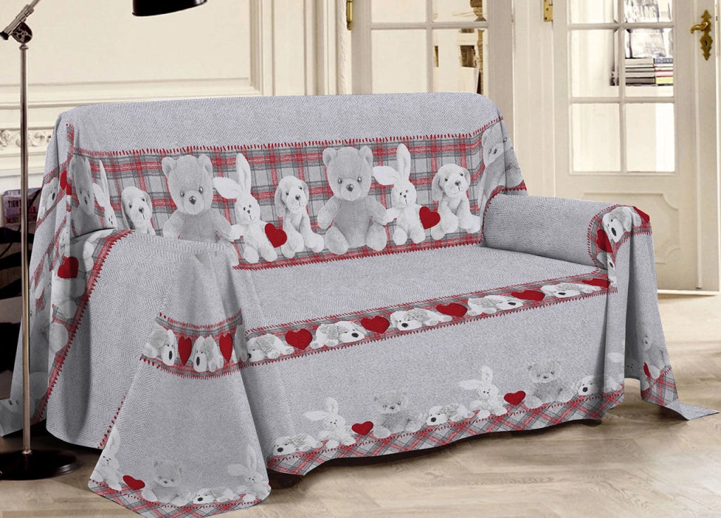 Telo Arredo Multiuso Linea Pensieri Delicati In 100% Cotone Disegno Peluches - Matrimoniale - Rosso
