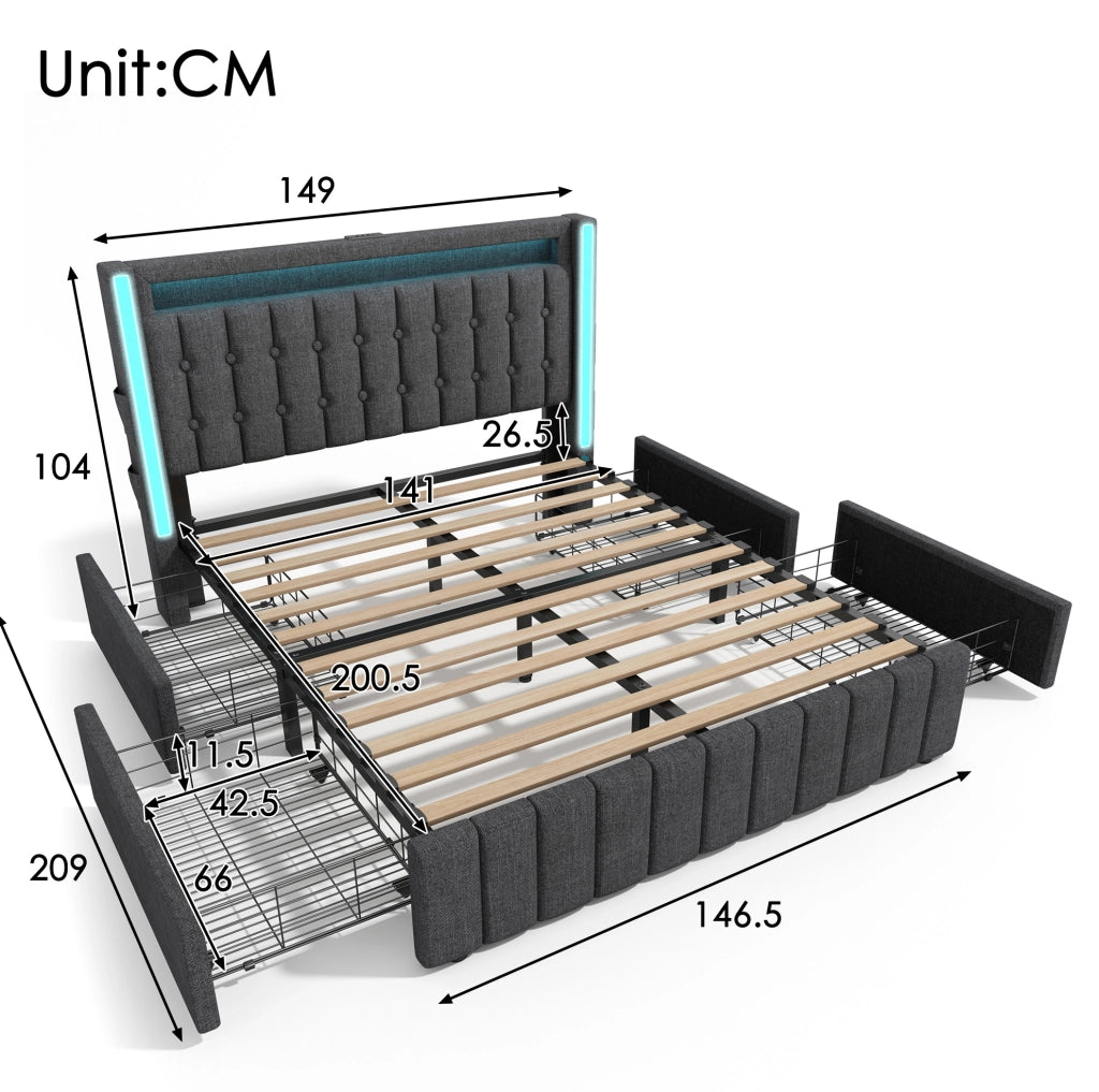 Letto imbottito 140x200 con materasso; LED; 4 cassetti; USB e Type-C; lino grigio