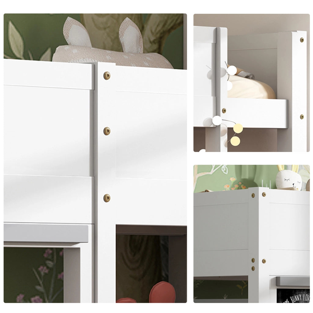 Letto Casetta 90x200 cm; Letto Singolo - Lavagna; Mensola - in Legno Massello Bianco