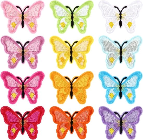 Striscia applicabili per abbigliamento - 12 pezzi Patches a tema farfalla e fiori ricamati per jeans, borse e giacche