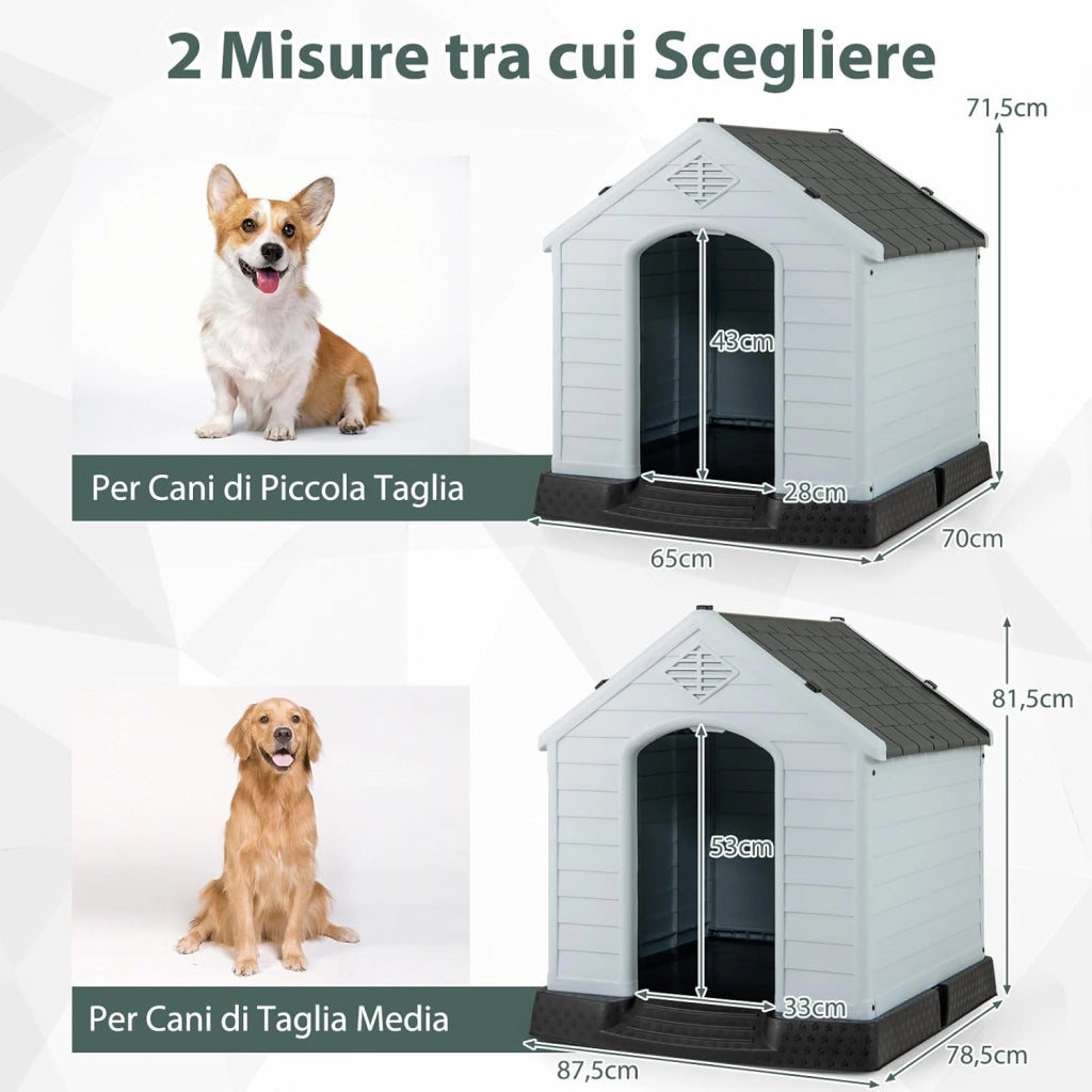 Cuccia per Cani da Esterno ed Interno, Casetta Impermeabile e Ventilata con Valvole d’Aria e Pavimento Rialzato, per Cani di Piccola e Media Taglia (Grigio, 70 x 65 x 71,5 cm)