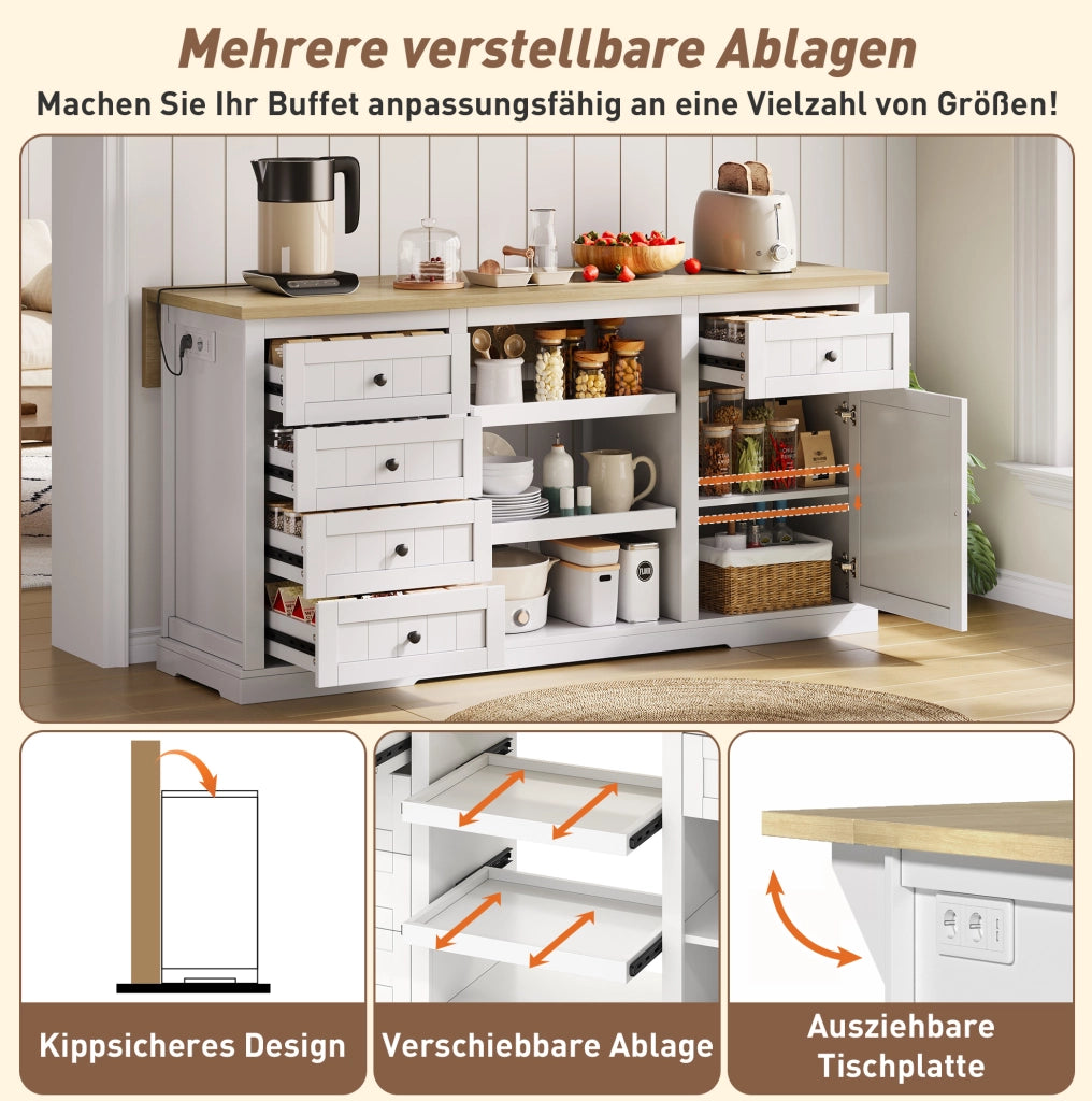 Isola da cucina con piano pieghevole, prese USB, 150x65x75,5 cm