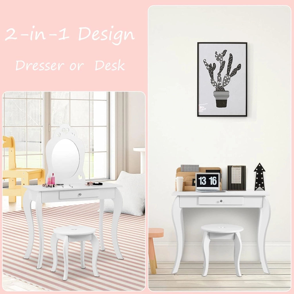 Specchiera Toeletta per Bambini, Set di Tavolo e Sgabello Giocattolo da Trucco in Legno con Cassetto e Specchio Rimovibile, Moderno e Multiuso, 70x34x105cm Bianca