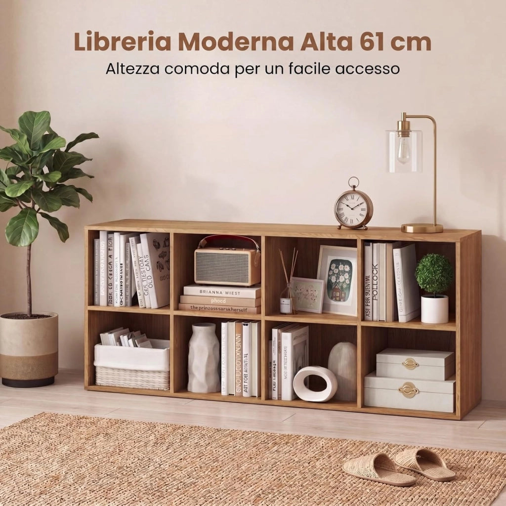 Libreria Basso a 8 Scomparti Aperti, 121,5 X 29 X 61 CM, Scaffale Libreria in legno con Dispositivi Antiribaltamento, Carico 180 KG, Espositore Salvaspazio per Soggiorno, Ufficio