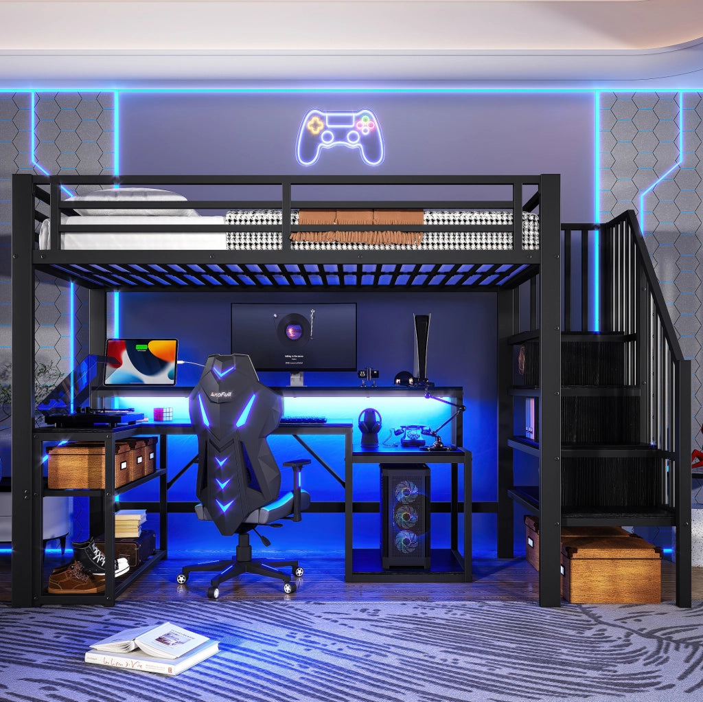 Letto a soppalco 90x200 cm con scrivania, LED e vani portaoggetti
