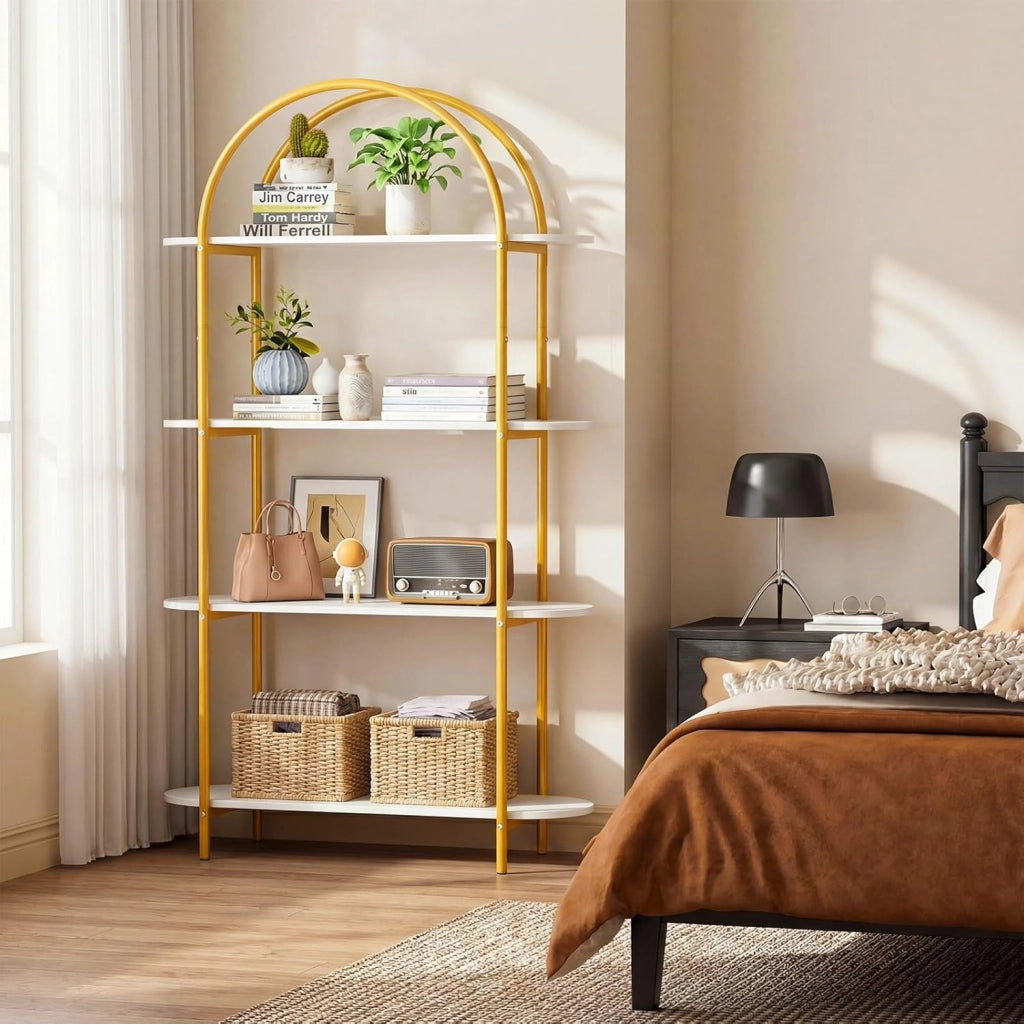 Scaffale a 4 Ripiani con Design ad Arco, Libreria con Ripiani Aperti e Telaio in Metallo, per Camera da Letto, Soggiorno e Ufficio, 95 x 34 x 156 cm (Oro E Bianco)