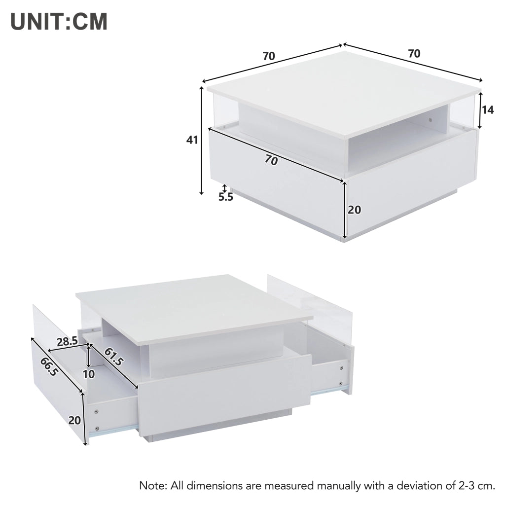 Tavolino da caffè con 2 cassetti; LED e vano trasparente - per soggiorno - in truciolare - 70x70x41 cm - bianco