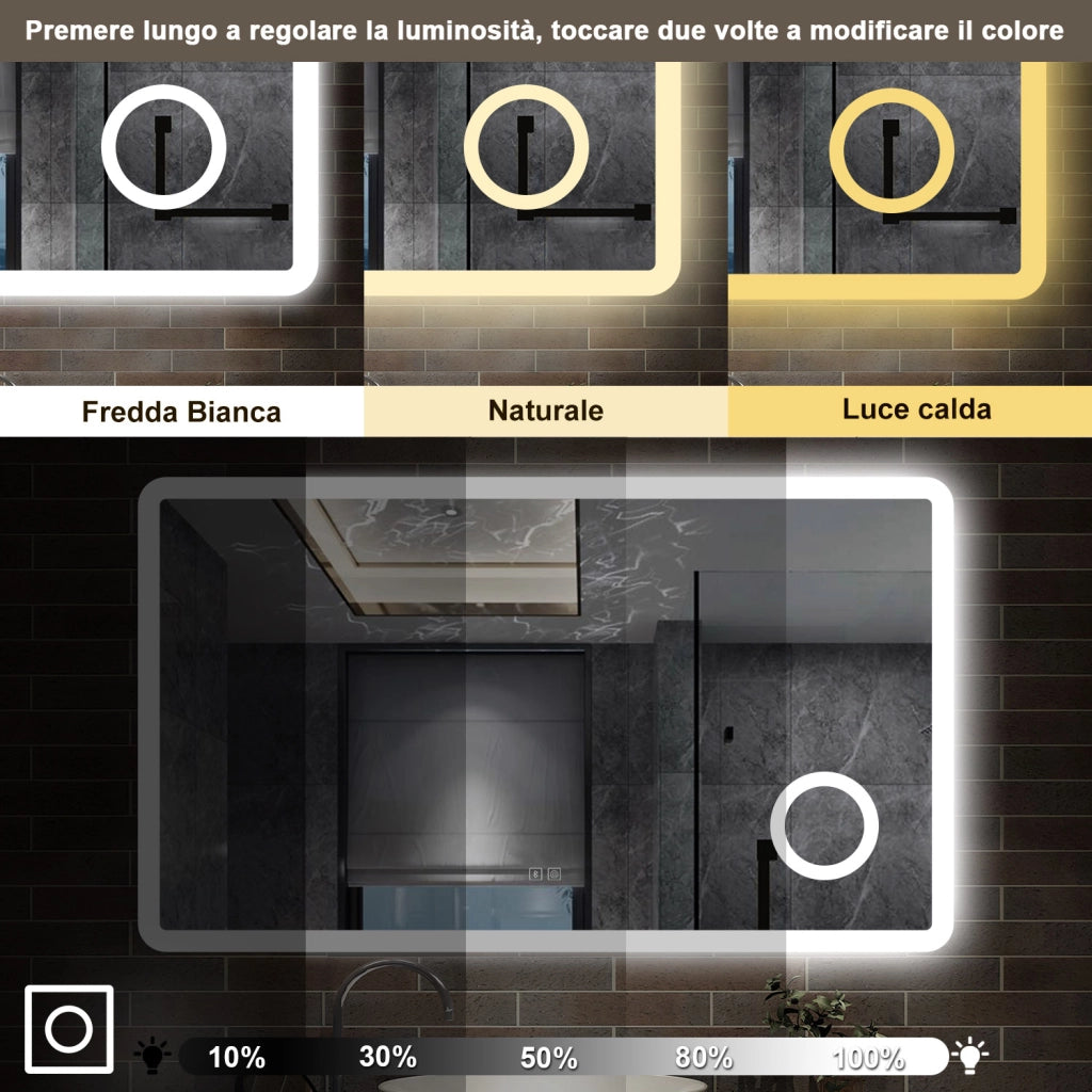 specchio rettangolare 100x60 cm con luce dimmerabile a 3 colori, bluetooth, antiappannamento e ingranditore 3x