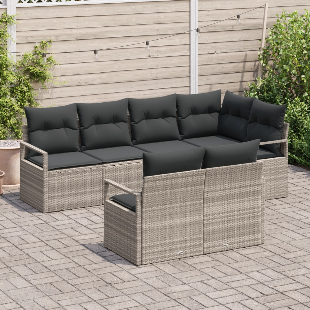 Set di divani da giardino a 7 pezzi con cuscini in grigio chiaro polyrattan