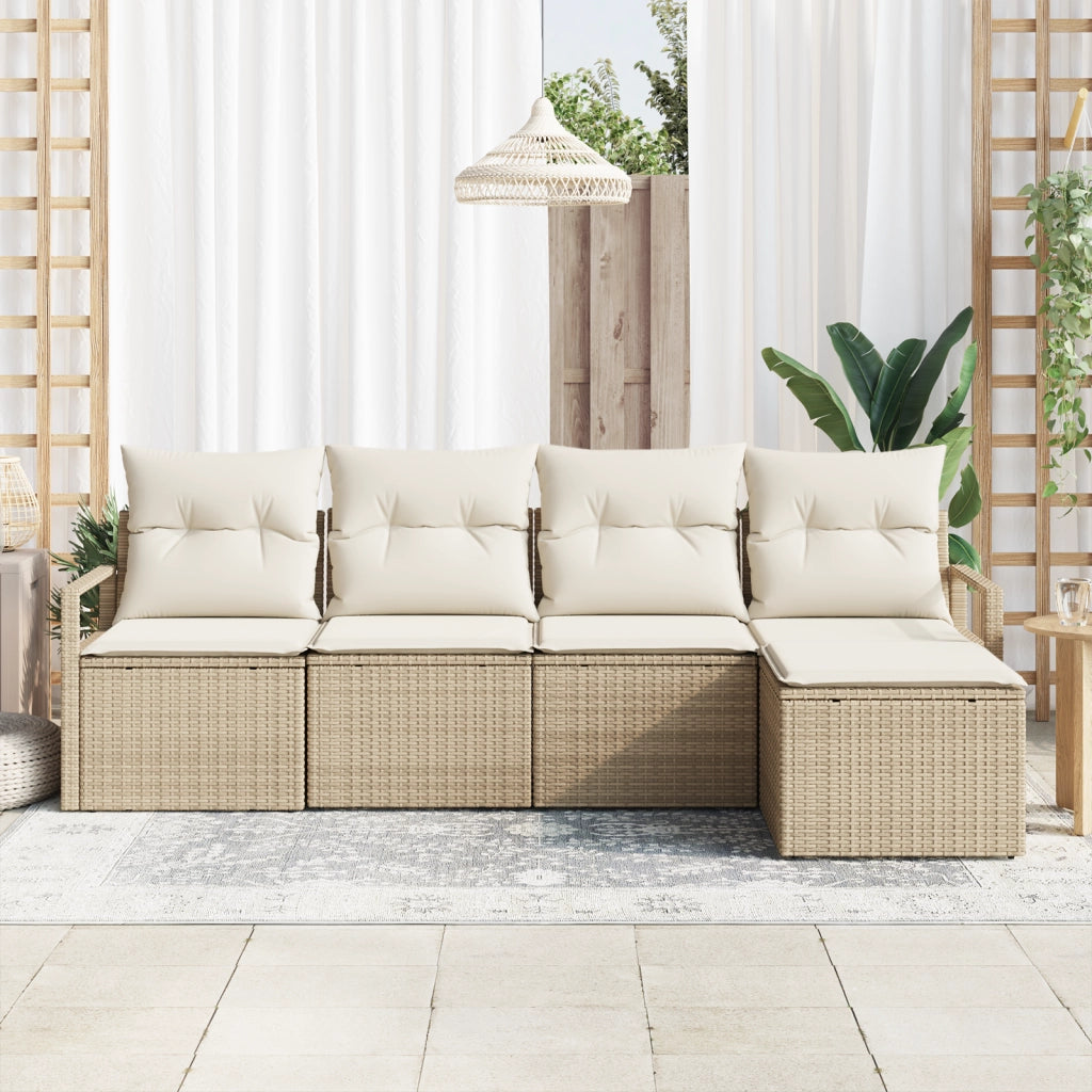 Set di Divani da Giardino 5 Pezzi con Cuscini Beige in Rattan Poli